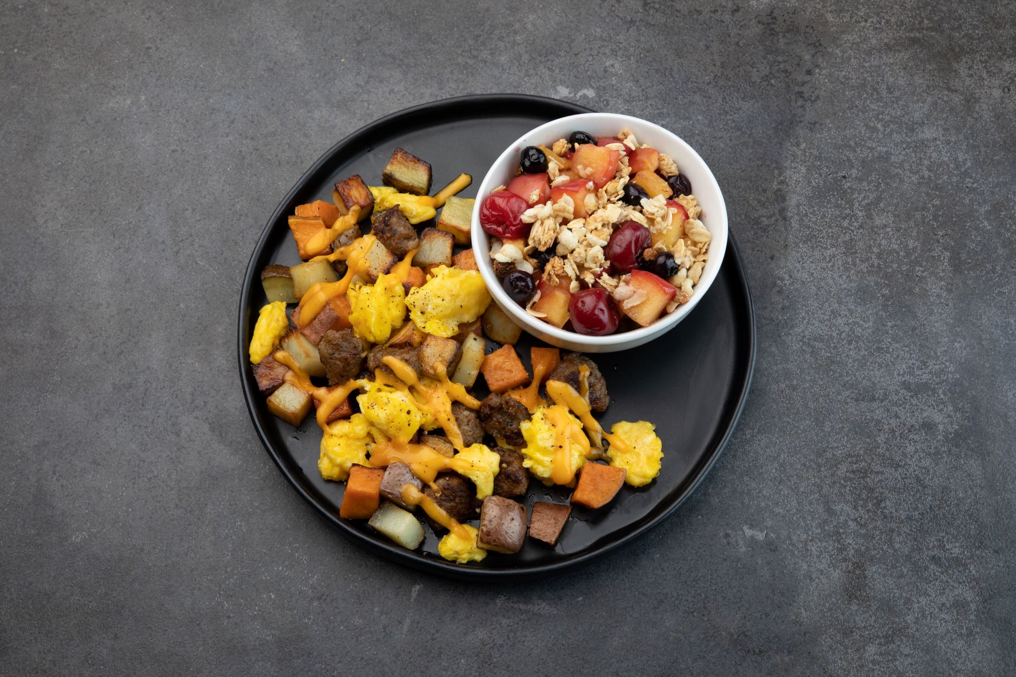 Pork Sausage Breakfast Skillet & Fruit Crisp